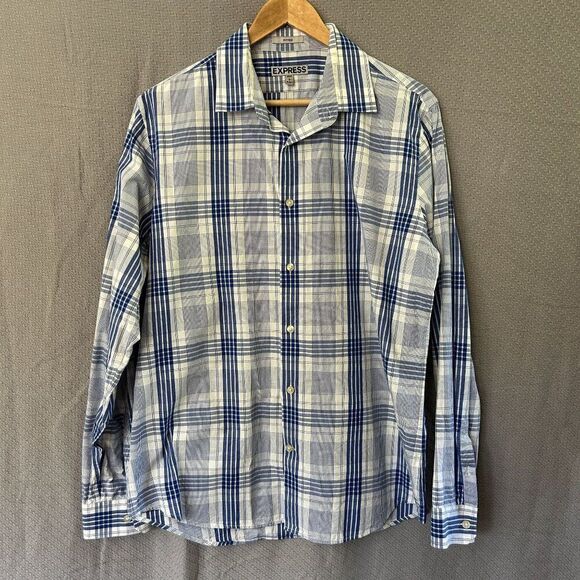 Express Large Fitted Long Sleeve Button-Front Shirt Blue White Plaid 16 - 16 1/2 - Picture 1 of 14